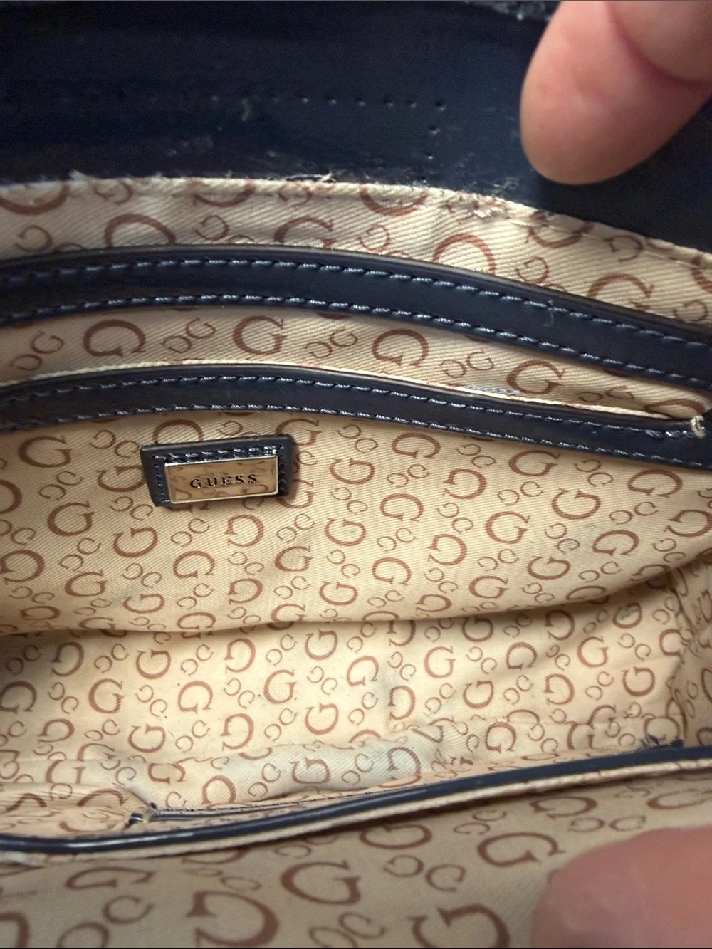 GUESS Navy Embossed Signature Satchel with Matching Wallet